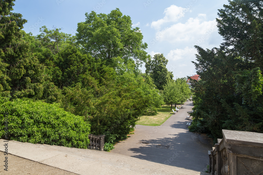 View of the empty Vojan Gardens (Vojanovy sady). It is a public garden at the Lesser Town (Mala Strana) in Prague, Czech Republic. View of the empty Vojan Gardens (Vojanovy sady). It is a public garden at the Lesser Town (Mala Strana) in Prague, Czech Republic.