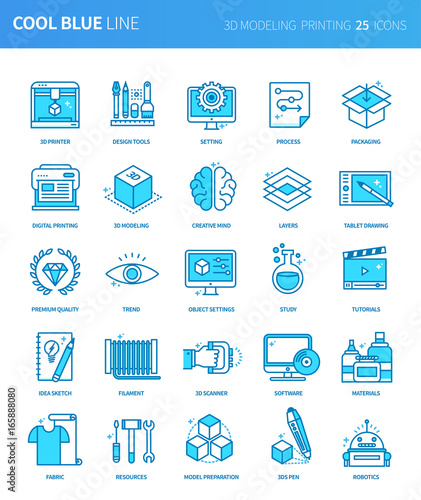Modern thin line icons set of 3d modeling  printing . Premium quality outline symbol set. Simple linear pictogram pack. Editable line series