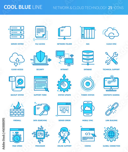 Modern thin line icons set of network & cloud technology . Premium quality outline symbol set. Simple linear pictogram pack. Editable line series