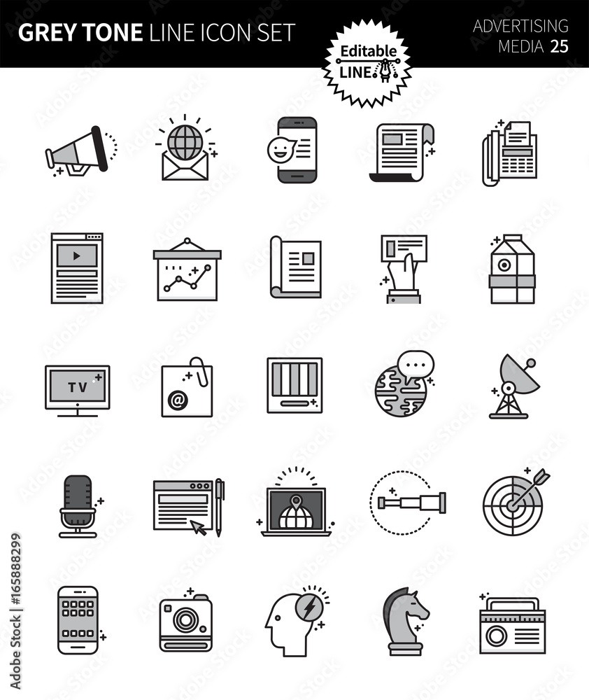 Modern grey tone thin line icons set of advertising media. Premium quality outline symbol set. Simple linear pictogram pack. Editable line series Modern grey tone thin line icons set of advertising media. Premium quality outline symbol set. Simple linear pictogram pack. Editable line series
