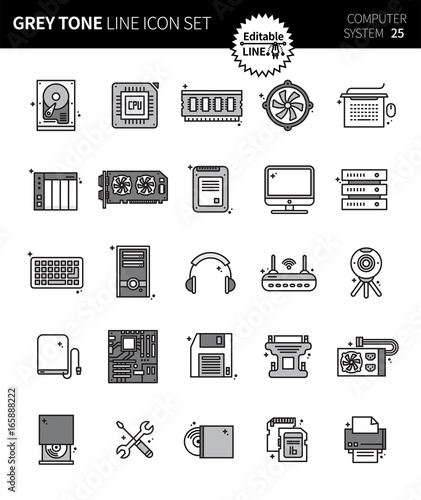 Modern grey tone thin line icons set of computer system. Premium quality outline symbol set. Simple linear pictogram pack. Editable line series