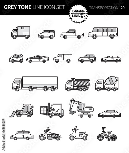 Modern grey tone thin line icons set of transportation. Premium quality outline symbol set. Simple linear pictogram pack. Editable line series