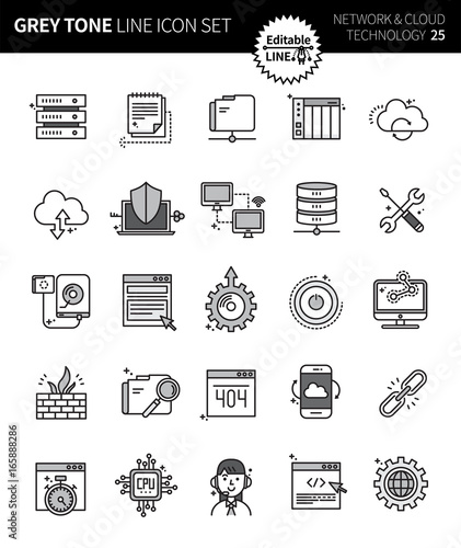 Modern grey tone thin line icons set of network & cloud technology . Premium quality outline symbol set. Simple linear pictogram pack. Editable line series