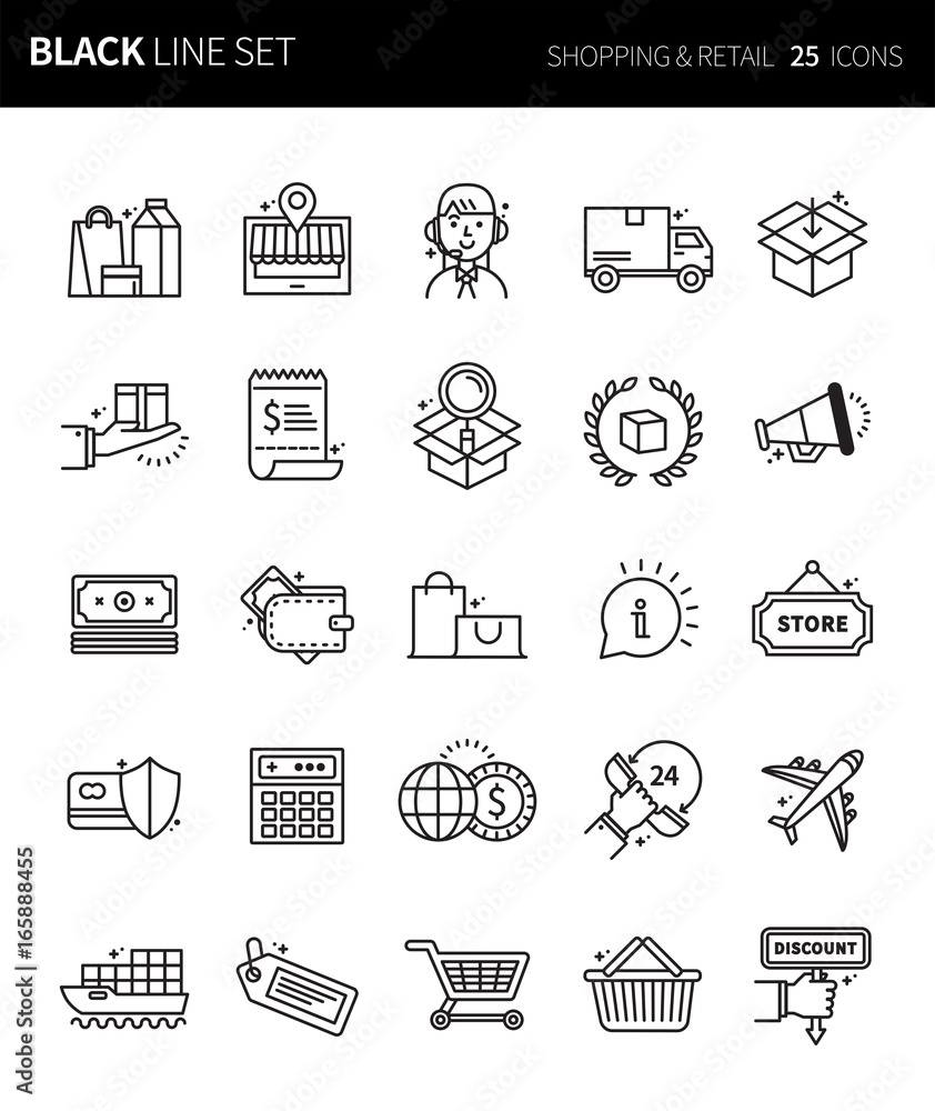 Modern thin black line icons set of shopping & retail. Premium quality outline symbol set. Simple linear pictogram pack. Editable line series