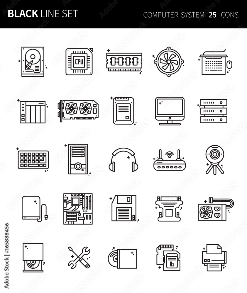 Modern thin black line icons set of computer system. Premium quality outline symbol set. Simple linear pictogram pack. Editable line series