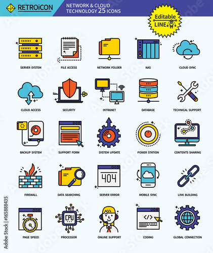 Modern retro thin line icons set of network & cloud technology . Premium quality outline symbol set. Simple linear pictogram pack. Editable line series