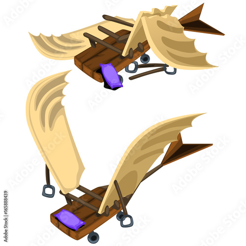 Historical homemade flying machine. Vector image in cartoon style on white background. Illustration isolated photo