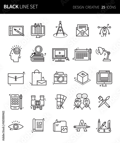 Modern thin black line icons set of design creative. Premium quality outline symbol set. Simple linear pictogram pack. Editable line series