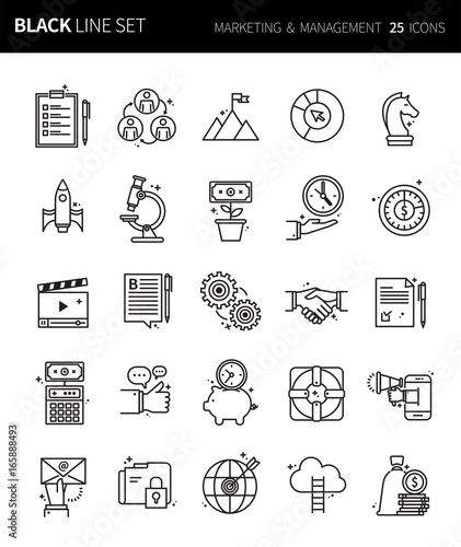 Modern thin black line icons set of marketing & management. Premium quality outline symbol set. Simple linear pictogram pack. Editable line series