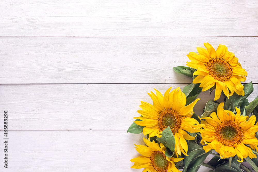 Fototapeta premium Background with a bouquet of yellow sunflowers on white painted wooden planks. Space for text.