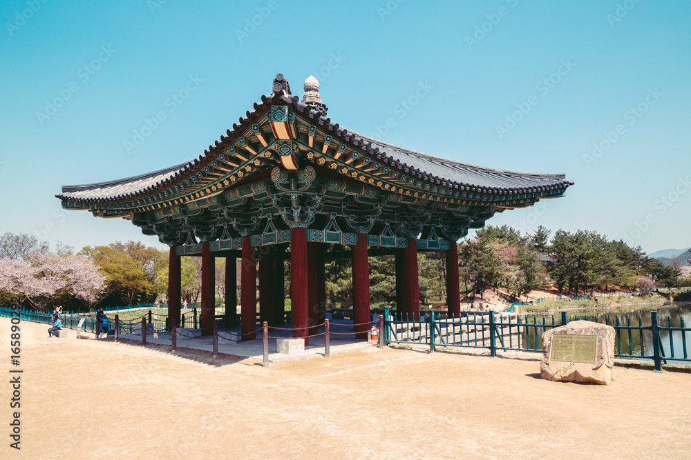 Korean heritage site Anapji Pond at Gyeongju, South Korea in spring