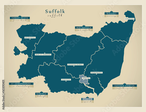 Modern Map - Suffolk county with district labels England UK illustration