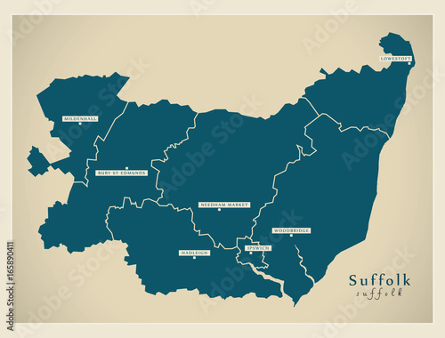 Modern Map - Suffolk county with cities and districts England UK illustration