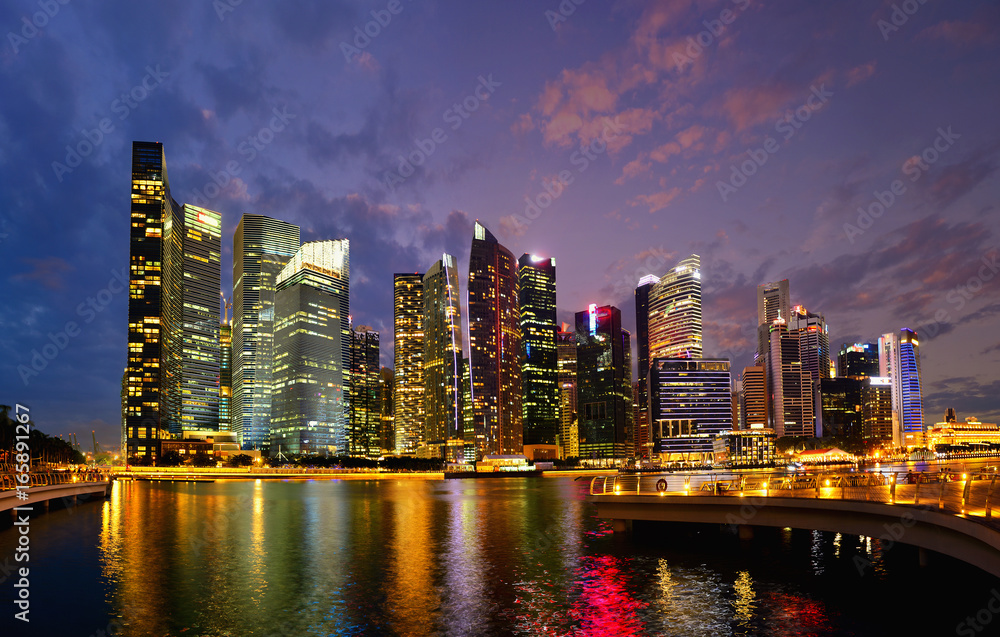 Singapore cityscape of the financial district on blue hour after sunset, Singapore