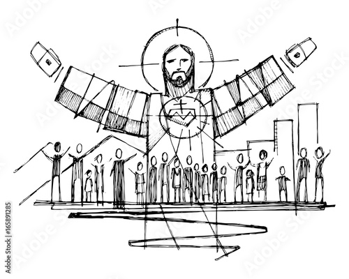 Jesus Christ with open arms and and people illustration