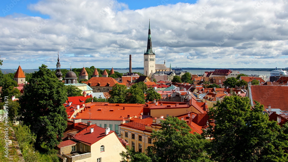 Panorama in Tallinn mit Wehr-und Kirchtürmen vom Domberg aus gesehen