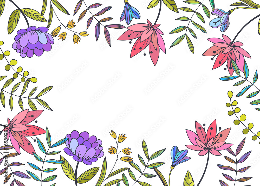 Vector decorative background. Hand drawn botanical illustration with flowers, branches and herbs. Floral design for invitation and greeting cards, labels or poster.