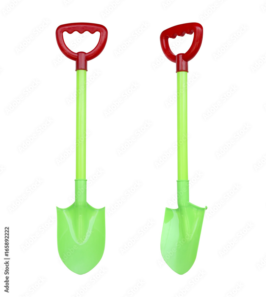 shovel with a handle on a white background, plastic shovel toys for children.
