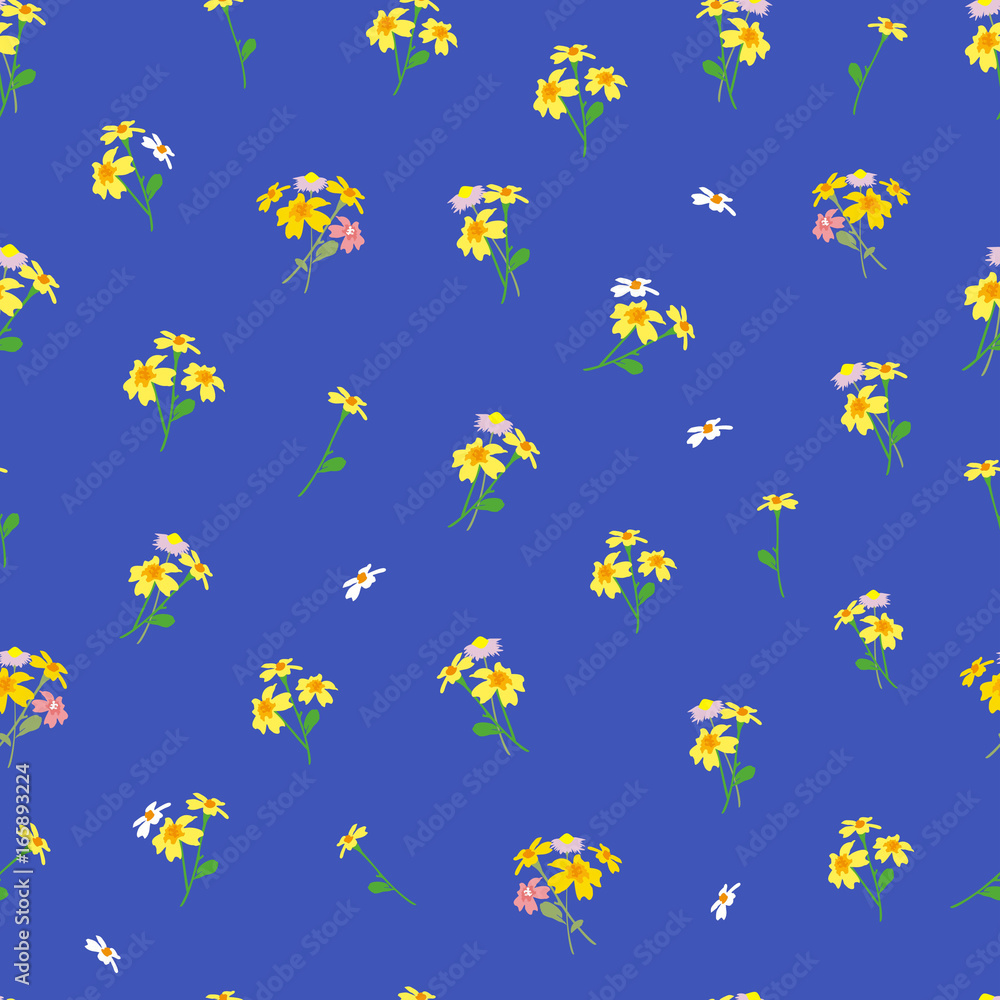 Seamless pattern with small flowers on blue background. Rich floral texture for interior, tiles, textiles, scrapbook, packaging Seamless pattern with small flowers on blue background. Rich floral texture for interior, tiles, textiles, scrapbook, packaging