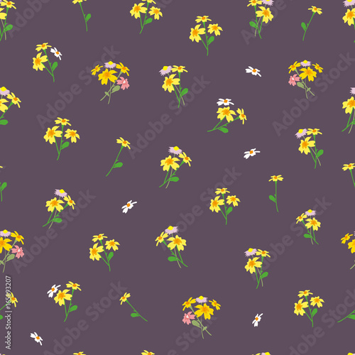 Seamless pattern with yellow flowers on a dark background. Rich floral texture for interior, tiles, textiles, scrapbook, packaging and various types of design