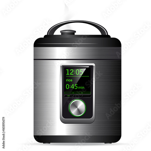 Modern metal Multicooker. Pressure cooker for cooking food under pressure. Electronic control. Side view.