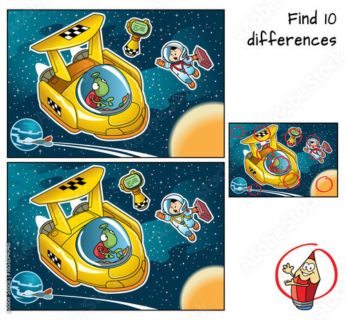 A space traveler with a suitcase catches a taxi. Find 10 differences. Educational game for children. Cartoon vector illustration