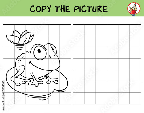 Funny frog. Copy the picture. Coloring book. Educational game for children. Cartoon vector illustration