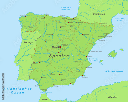 Spanien - Landkarte in Gr  n  beschriftet 