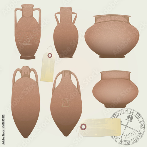 vector set: realistic antique clay pots and amphorae. archaeological objects from the excavations. the seal and tag of the society of archeology