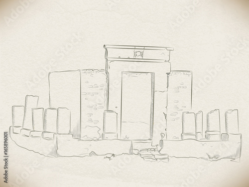 vector sketch with a pencil: the ruins of a Christian sanctuary in the temple of Amun-RA in Luxor. Egypt. on the background of old faded paper