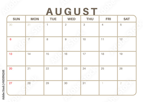 Monthly Calendar August 2017