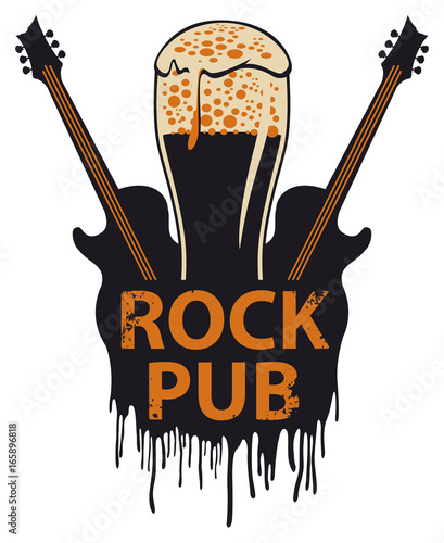 Vector banner for the pub with live music. Illustration with a beer glass, guitar and words rock pub in retro style