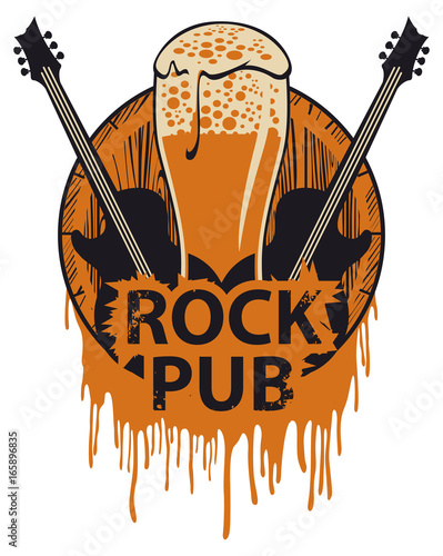 Vector banner for the pub with live music. Illustration with a beer glass, guitar and words rock pub in retro style