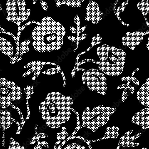 Abstract flowers with hounds-tooth plaid pattern.