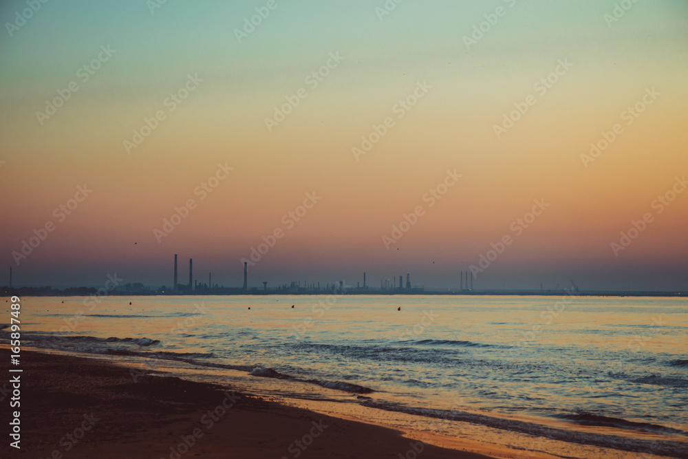 Beautiful sunrise at the Black Sea in Mamaia, Romania