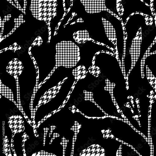 Abstract flowers with hounds-tooth plaid pattern.