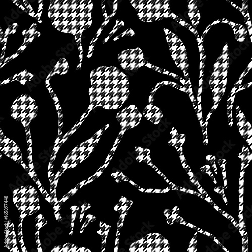 Abstract flowers with hounds-tooth plaid pattern.