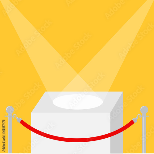 Red rope barrier stanchions turnstile facecontrol Square stage podium illuminated by spotlights. Empty pedestal for display. 3d realistic platform for design. Yellow background Template. Flat design
