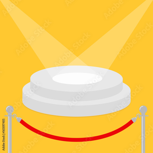 Red rope barrier stanchions turnstile facecontrol Round stage podium illuminated by spotlights. Empty pedestal for display. 3d realistic platform for design. Yellow background Template. Flat design
