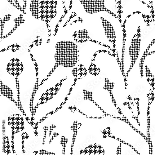 Abstract flowers with hounds-tooth plaid pattern.