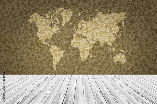 Tile wall texture, with white wood terrace and world map © pongmoji