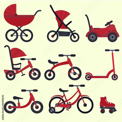 Flat bright red baby transport set for kids since birth till school. Color vector childrens transport - carriage, stroller, bicycle, bike, scooter, ride-on car, rollers