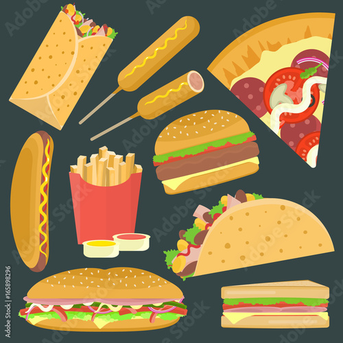 Flat bright vector fastfood icons set including hamburger, pizza, sandwich, taco. Tasty cartoon colorful fastfood symbols for cafe, bar, restaurant menu design.