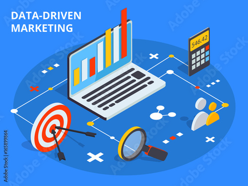 Data driven marketing concept in isometric design. Business growth analytics or strategy development. Vector illustration. photo