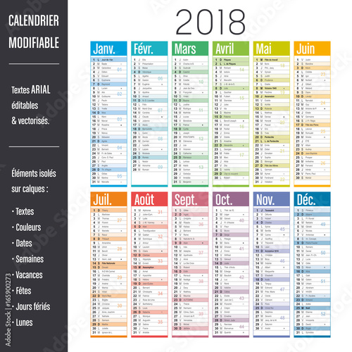 Calendrier 2018 modifiable (éléments isolés sur calques, textes en ARIAL éditables et vectorisés)