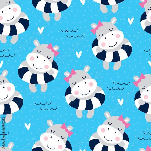seamless cute hippo girl on the beach pattern vector illustration