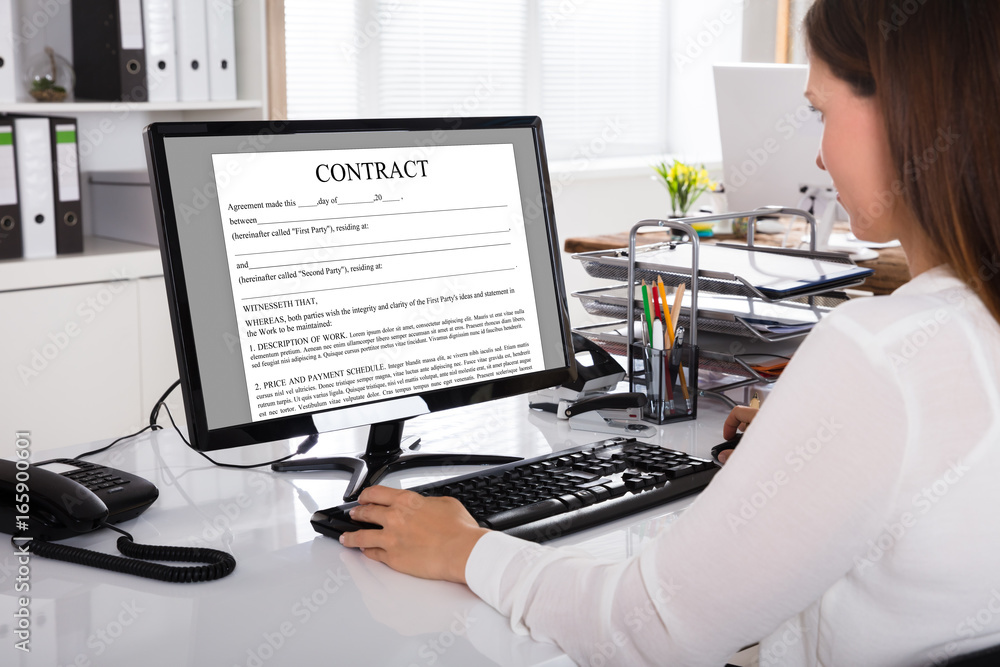 Businesswoman Looking At Contract On Computer Businesswoman Looking At Contract On Computer
