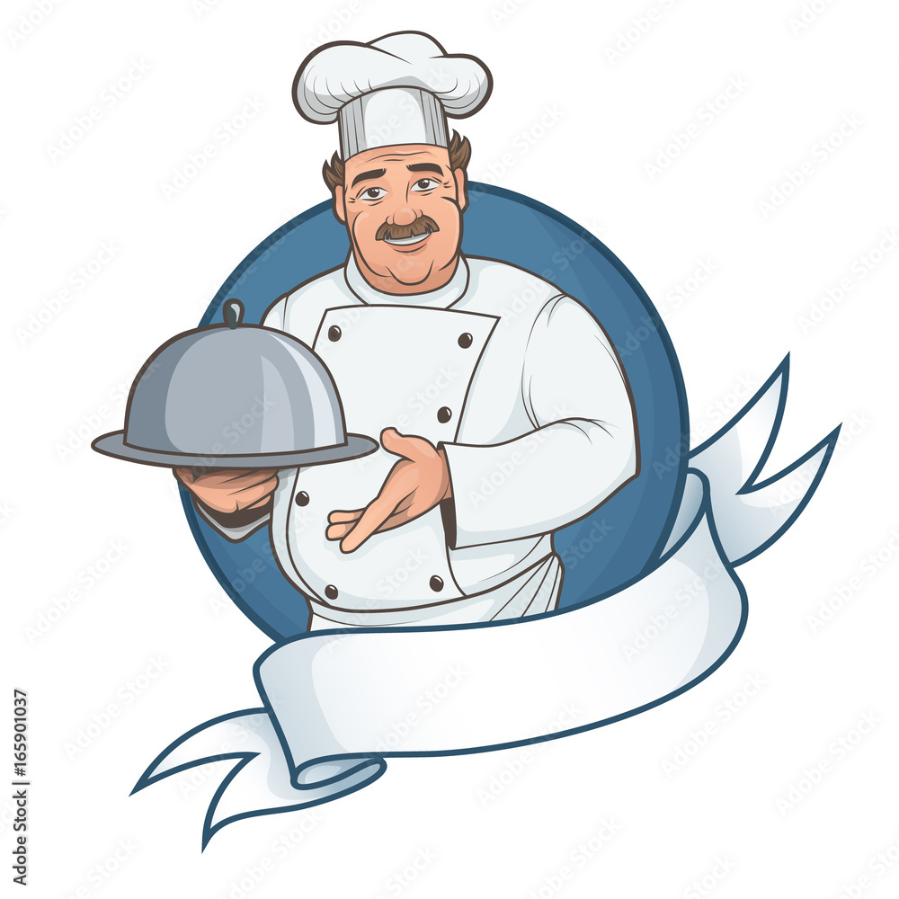 Vector illustration of a chef in a round frame with ribbon for signature Vector illustration of a chef in a round frame with ribbon for signature