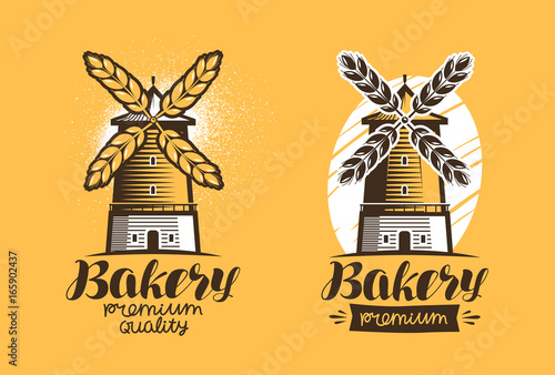 Bakery, bread, pastry logo or label. Mill, windmill icon. Lettering vector illustration