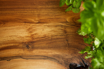 Herbs selection. Aromatic ingredients on wood table with copyspace
